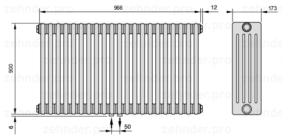 Схема (чертеж) Радиатор Zehnder Charleston 5090/21 №3470 Белый глянцевый RAL 9016